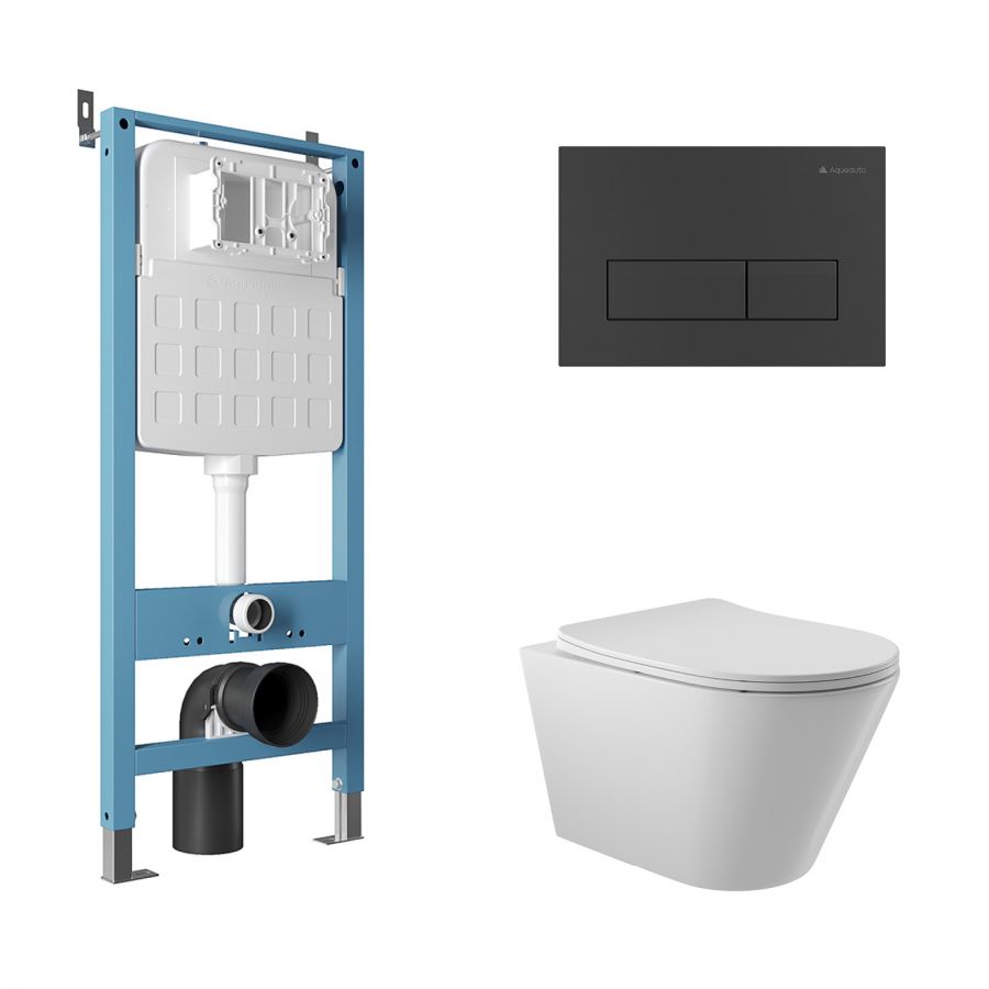 Aqueduto комплект:  TECNICA Novo Система инсталляции для подвесного унитаза, RETANGULO Novo, Панель смыва, черный матовый,CONE Унитаз подвесной 525*360 безободковый, сиденье с микролифтом, белый глянцевый