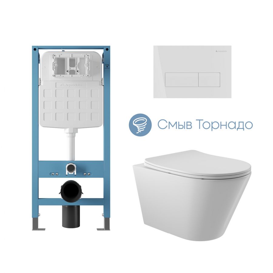 Aqueduto комплект: TECNICA Novo Система инсталляции для подвесного унитаза, RETANGULO Novo, Панель смыва, белый глянцевый, CONE Tornado Унитаз подвесной 525*360 безободковый, Tornado, сиденье с микролифтом, белый глянцевый