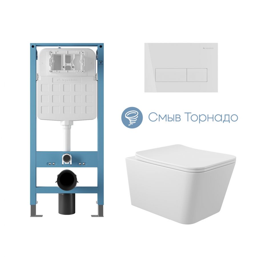 Aqueduto комплект: TECNICA Novo Система инсталляции для подвесного унитаза, RETANGULO Novo, Панель смыва, белый глянцевый, MACIO Tornado Унитаз подвесной 520*370 безободковый, Tornado, сиденье с микролифтом, белый глянцевый