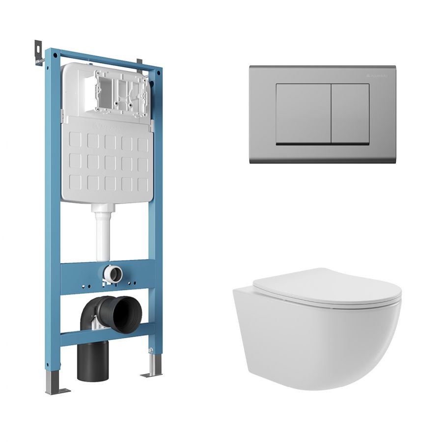 Aqueduto комплект: TECNICA Novo Система инсталляции для подвесного унитаза, QUADRADO Панель смыва, хром, OVO Унитаз подвесной 525*360 безободковый, сиденье с микролифтом, белый глянцевый