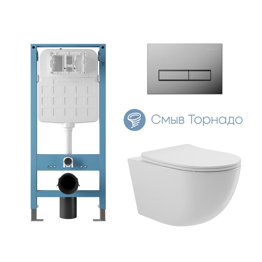 Aqueduto комплект: TECNICA Novo Система инсталляции для подвесного унитаза, RETANGULO Панель смыва, хром, OVO Tornado Унитаз подвесной 525*360 безободковый, Tornado, сиденье с микролифтом, белый глянцевый