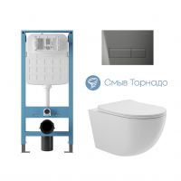 Aqueduto комплект: TECNICA Novo Система инсталляции для подвесного унитаза, RETANGULO Novo Панель смыва, Gun Metal, OVO Tornado Унитаз подвесной 525*360 безободковый, Tornado, сиденье с микролифтом, белый глянцевый