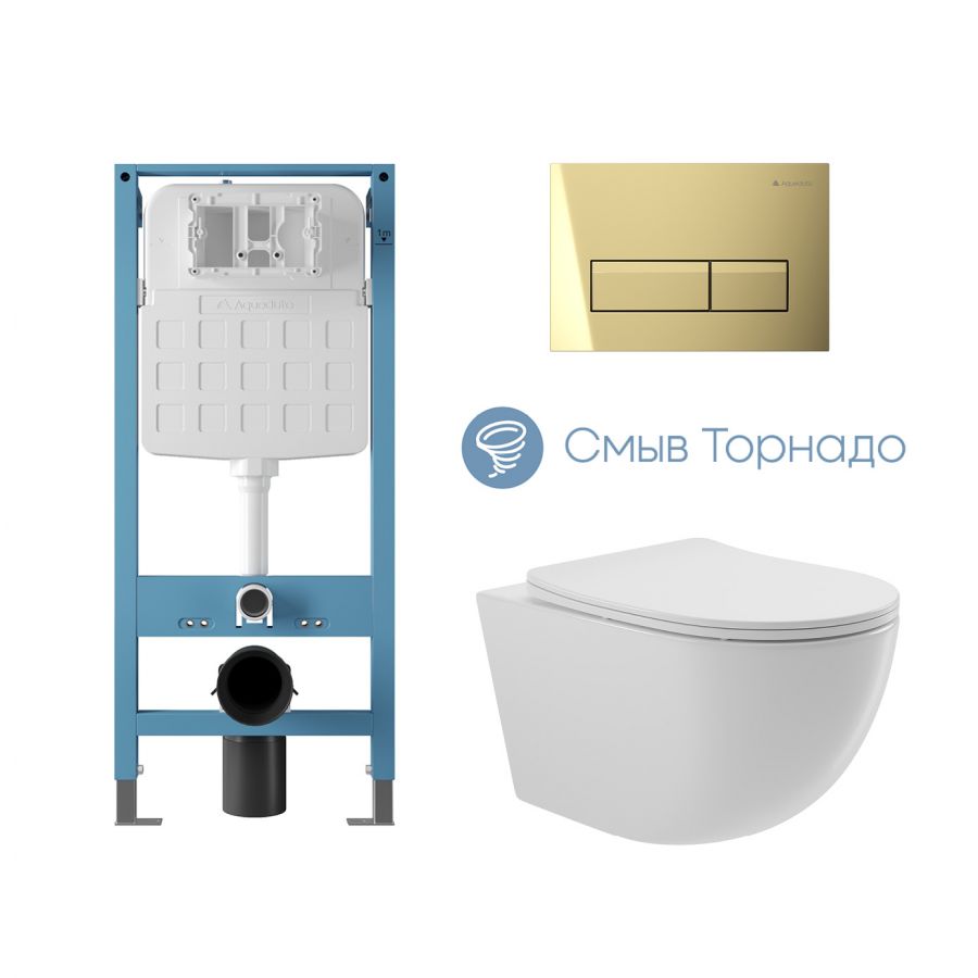 Aqueduto комплект: TECNICA Novo Система инсталляции для подвесного унитаза, RETANGULO Novo Панель смыва, Золото, OVO Tornado Унитаз подвесной 525*360 безободковый, Tornado, сиденье с микролифтом, белый глянцевый