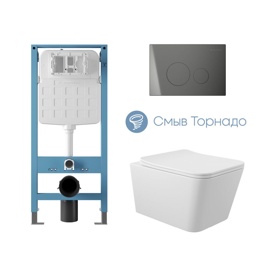 Aqueduto комплект: TECNICA Novo Система инсталляции для подвесного унитаза, CIRCULO Novo Панель смыва, Gun Metal, MACIO Tornado Унитаз подвесной 520*370 безободковый, Tornado, сиденье с микролифтом, белый глянцевый