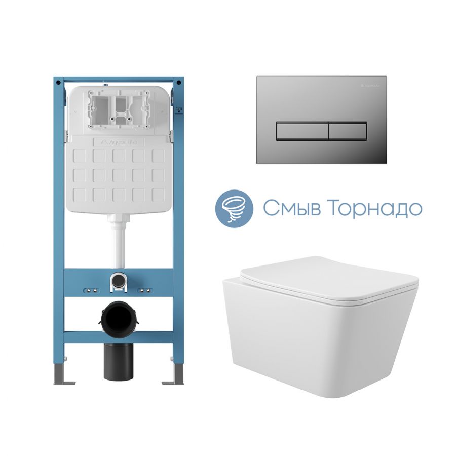 Aqueduto комплект: TECNICA Novo Система инсталляции для подвесного унитаза, RETANGULO Панель смыва, хром, MACIO Tornado Унитаз подвесной 520*370 безободковый, Tornado, сиденье с микролифтом, белый глянцевый