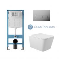 Aqueduto комплект: TECNICA Novo Система инсталляции для подвесного унитаза, RETANGULO Панель смыва, хром, MACIO Tornado Унитаз подвесной 520*370 безободковый, Tornado, сиденье с микролифтом, белый глянцевый