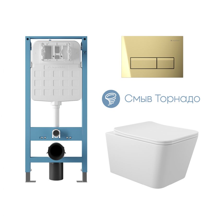 Aqueduto комплект: TECNICA Novo Система инсталляции для подвесного унитаза, RETANGULO Novo Панель смыва, Золото, MACIO Tornado Унитаз подвесной 520*370 безободковый, Tornado, сиденье с микролифтом, белый глянцевый