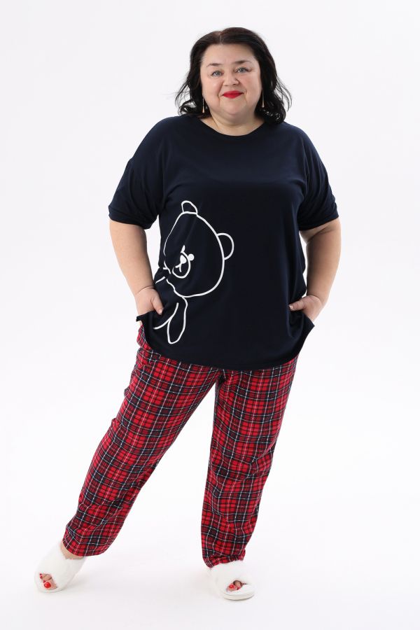 Пижама больших размеров с брюками Мишка [красный,синий]