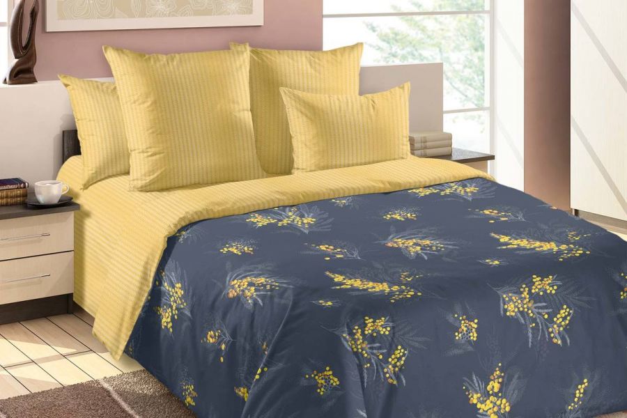 Перкаль евро [синий] Постельное белье Ветки мимозы 1, постельное белье