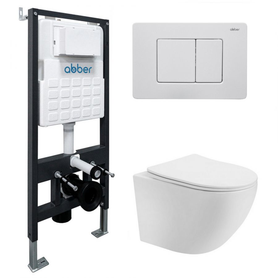 Комплект подвесной унитаз ABBER Bequem AC1100T белый с инсталляцией AC0105 и кнопкой AC0120MW белая матовая