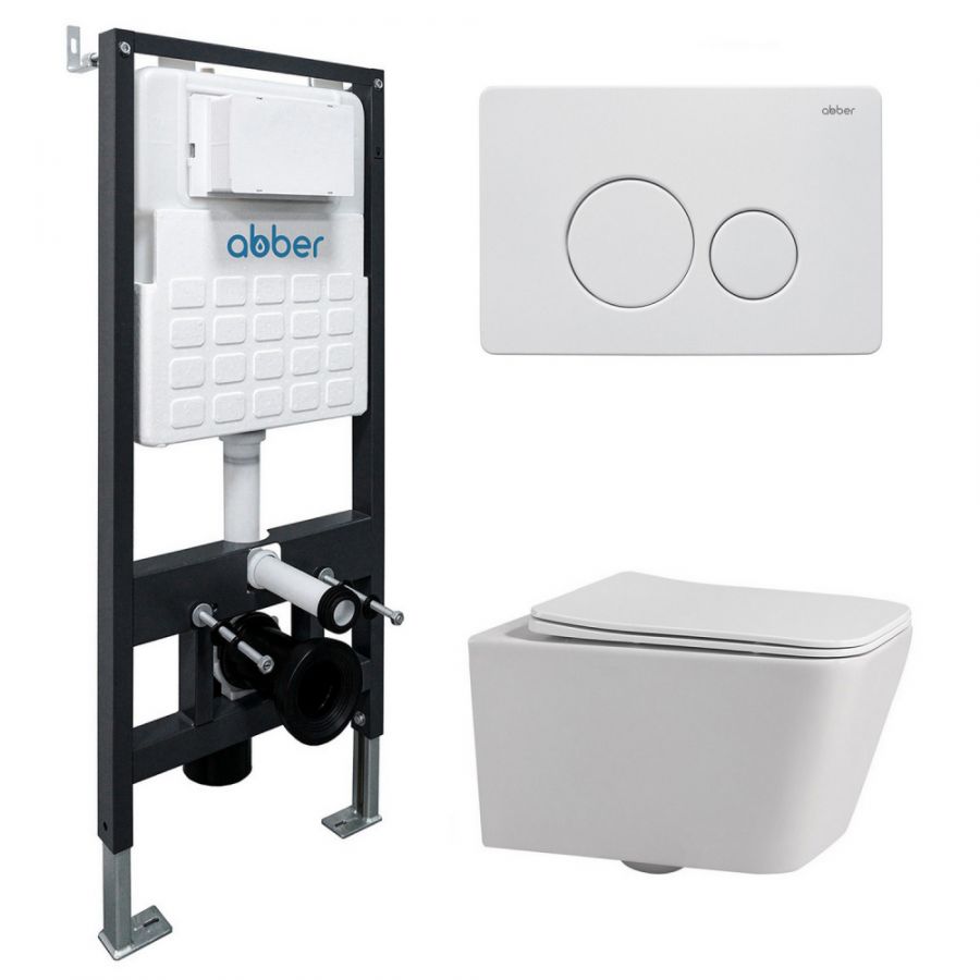 Комплект подвесной унитаз ABBER Rechteck AC1201 белый с инсталляцией AC0105 и кнопкой AC0121MW белая матовая