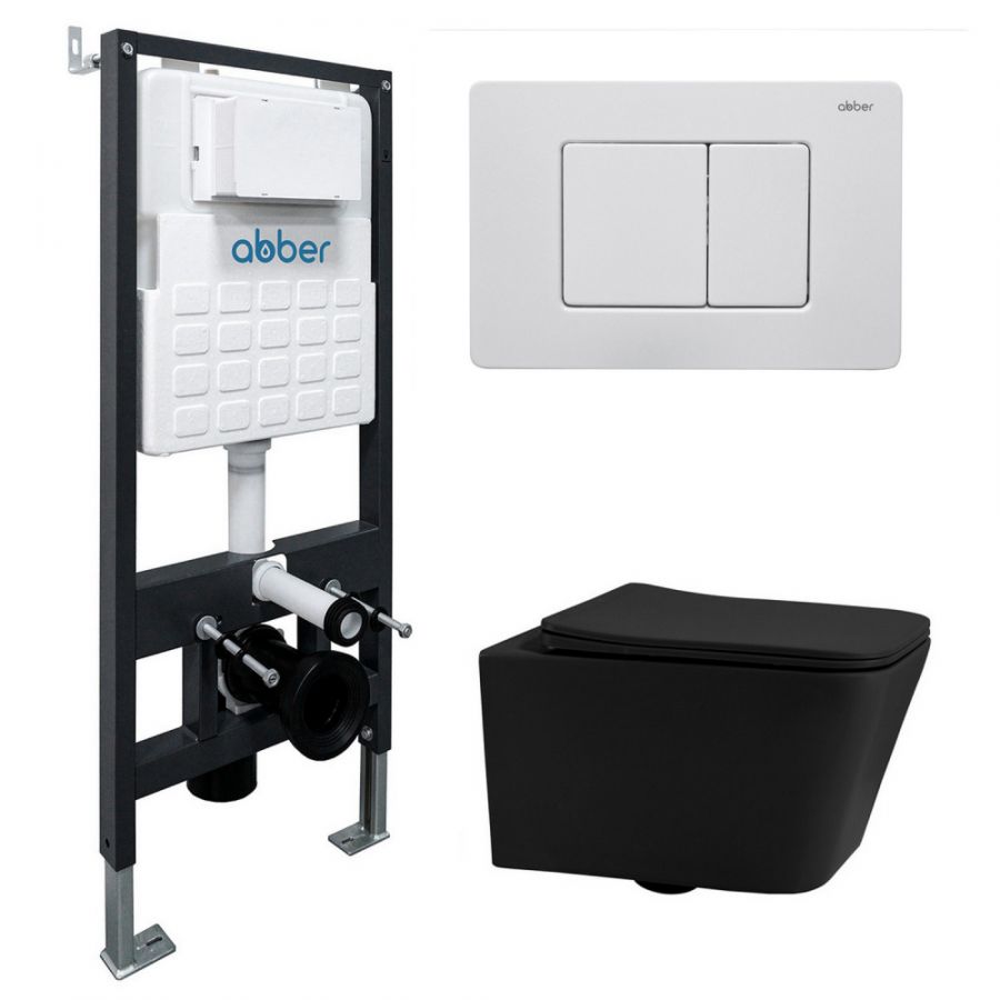 Комплект подвесной унитаз ABBER Rechteck AC1201MB черный матовый с инсталляцией AC0105 и кнопкой AC0120MW белая матовая