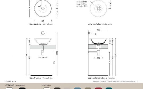 Накладная раковина Flaminia Boll 42 Countertop Basin 42х42 схема 3