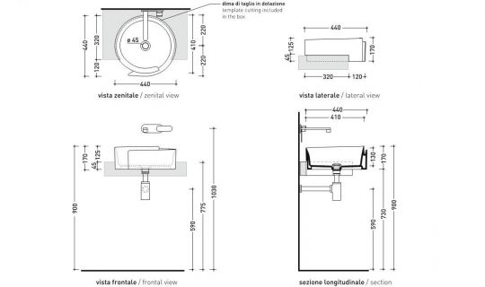 Накладная раковина Flaminia Roll 44 Semi-Inset Basin 44х44 схема 3 Накладная раковина Flaminia Roll 44 Semi-Inset Basin 44х44 схема 3