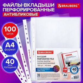Папки-файлы перфорированные с антибликовой текстурой А4 BRAUBERG PIXEL, КОМПЛЕКТ 100 шт., 40 мкм, 273009