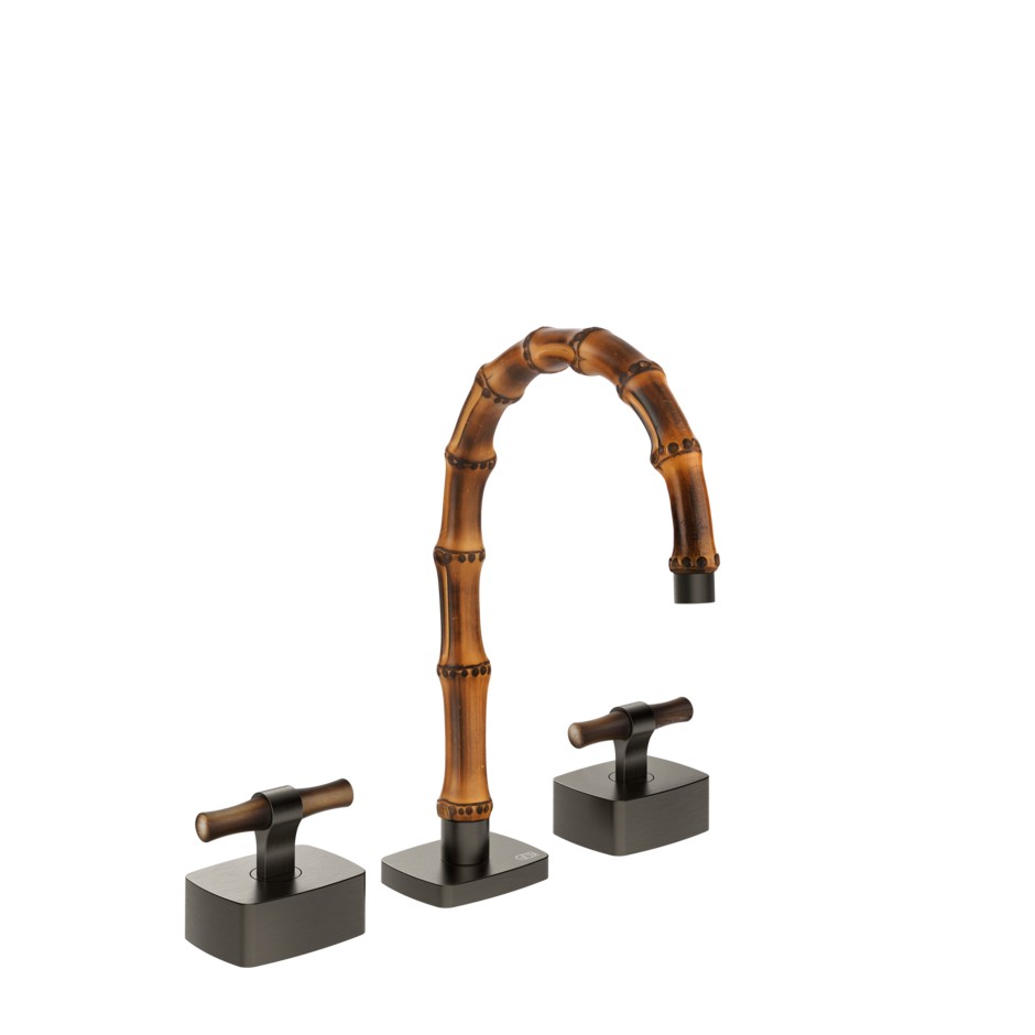 Смеситель для раковины Gessi Jacqueline 77213 с низким изливом и Т-образным вентилем под дерево на 3 отверстия ФОТО