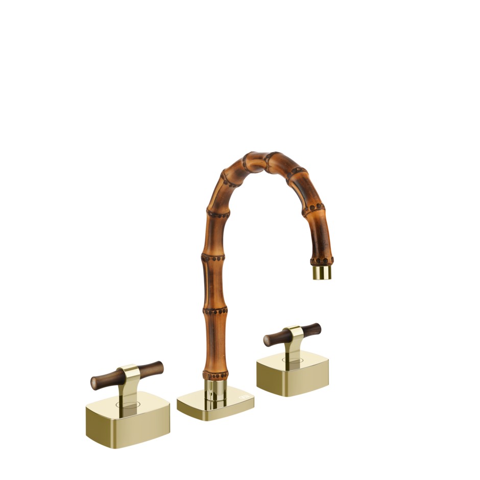 Смеситель для раковины Gessi Jacqueline 77213 с низким изливом и Т-образным вентилем под дерево на 3 отверстия ФОТО