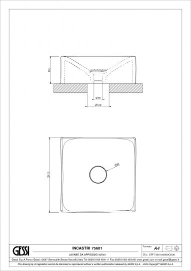 Накладная раковина квадратная Gessi Incastri 75601 40х40 см схема 2