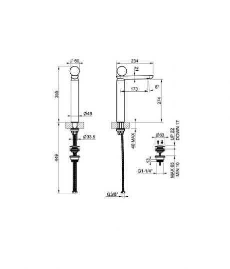 Смеситель для раковины Gessi Perle 74253 высокий с донным клапаном и вентилем из муранского стекла Sfaccettato схема 2