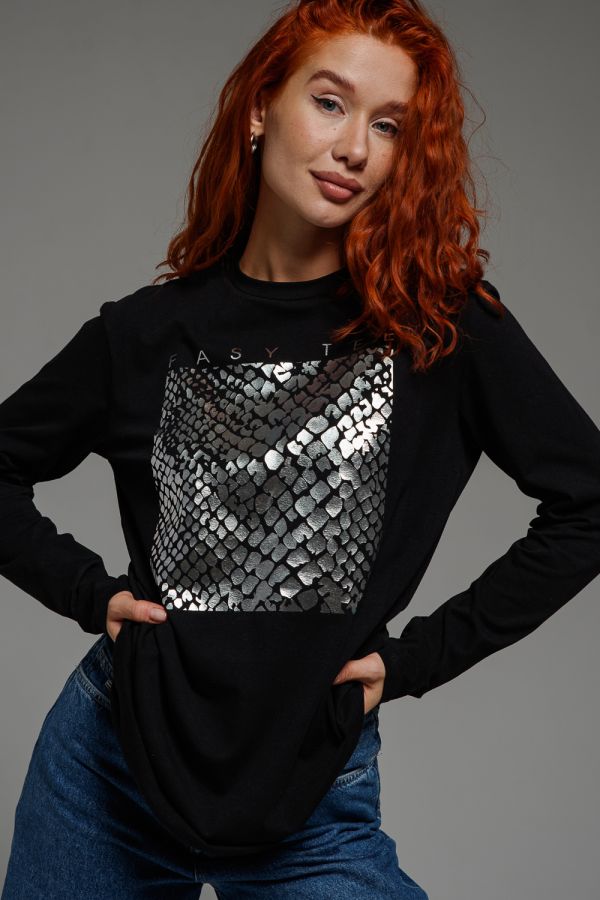8519 Футболка с длинным рукавом женская [черный+мода]