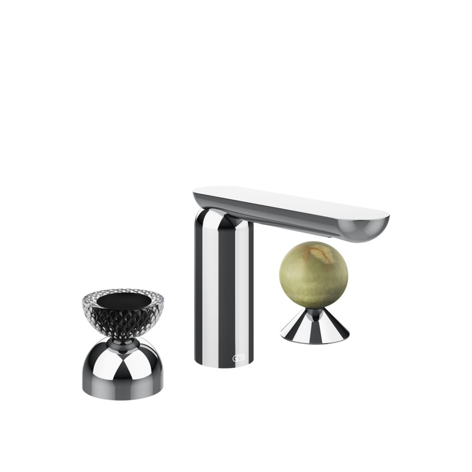 Смеситель для раковины Gessi Perle 74758 без донного клапана с вентилем-полусферой из муранского стекла Balloton и вентилем-сферой из камня Onyx Green ФОТО