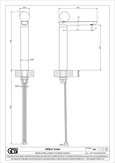 Смеситель для раковины Gessi Perle 74404 высокий без донного клапана с вентилем из из муранского стекла Battuto схема 2