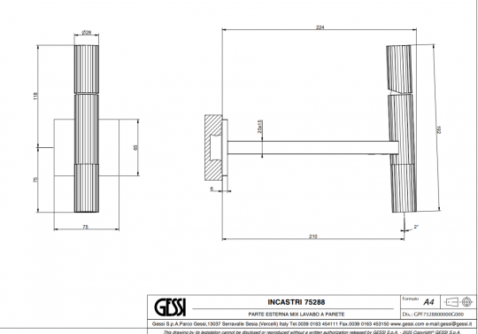 Смеситель для раковины встраиваемый Gessi Incastri 75288 длина 22,4 см схема 2