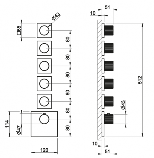 Смеситель для душа Gessi Incastri 75310 с термостатом на 5 запорных вентилей вертикальная установка схема 2 Смеситель для душа Gessi Incastri 75310 с термостатом на 5 запорных вентилей вертикальная установка схема 2