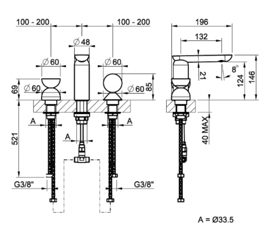 Смеситель для раковины Gessi Perle 74948 без донного клапана с металлическим вентилем-полусферой и вентилем-сферой из муранского стекла Battuto схема 2
