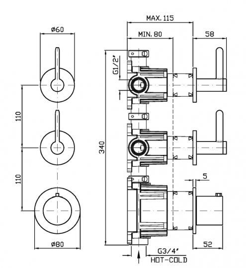Термостатический смеситель для душа Zucchetti Isy22 ZIS3802 с 2 запорными клапанами схема 2