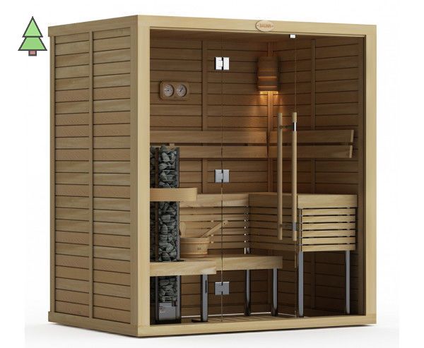 Сауна в сборе SAWO 2020ML-PS-G (2,0м х 2,0м, ель, полностью стеклянная стена, дизайн Piano, левая)