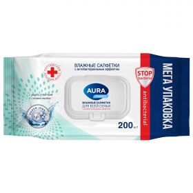 Салфетки влажные 200 шт., AURA Family, антибактериальные, для всей семьи, крышка клапан
