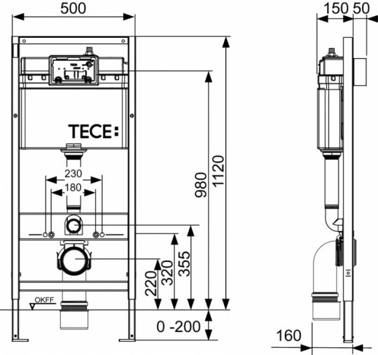 Инсталляция (монтажная рама) для подвесного унитаза Tece Base K440407кнопкой смыва схема 3