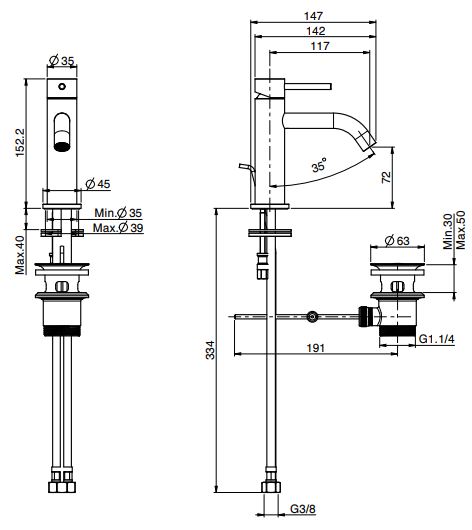 Fima carlo frattini Spillo up смеситель для раковины F3031XS схема 2 Fima carlo frattini Spillo up смеситель для раковины F3031XS схема 2