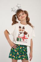 Пижама для девочки ПД-019-073 Кот Новый год [крем/авокадо]