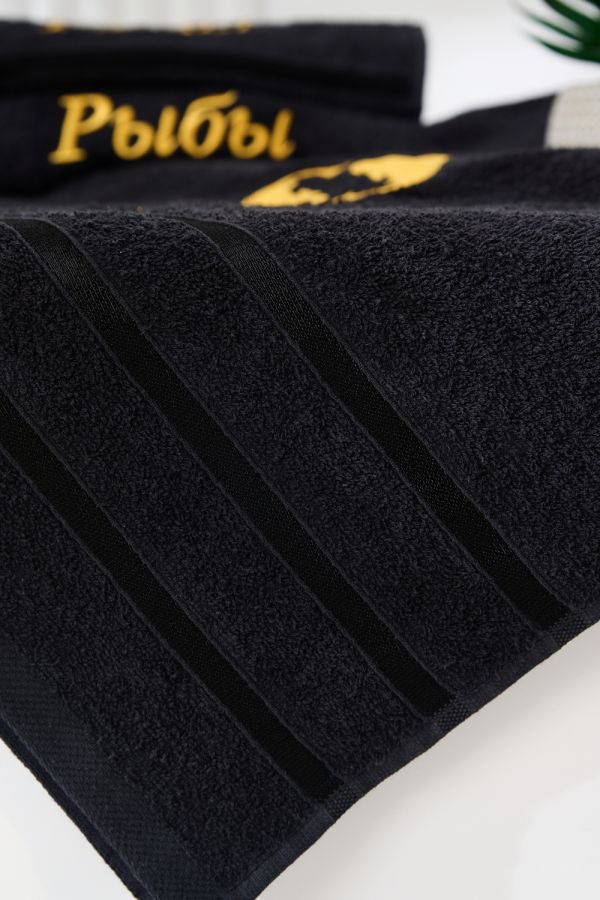 14418/10 Знаки зодиака полотенце махровое плотность 350гр [черный+рыбы]