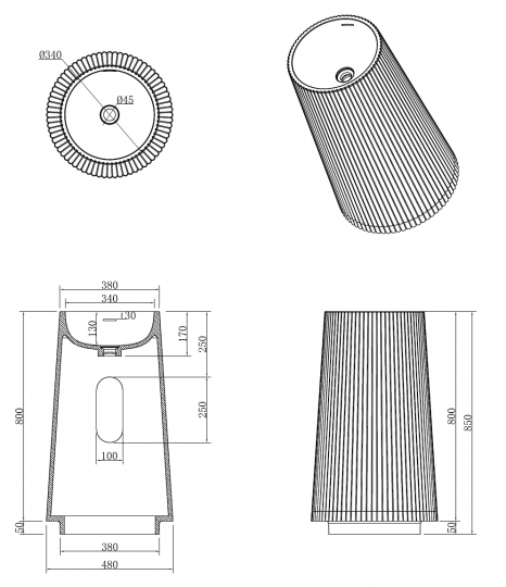 Раковина напольная рифленая Boheme Corian 801-Torre-BUR 40х85 см, в цвете бургундия схема 2