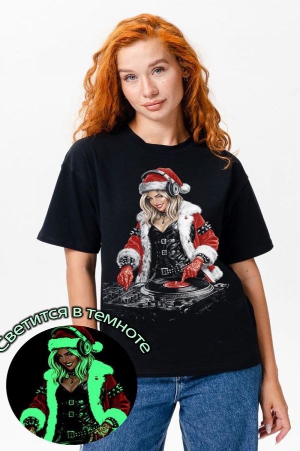8587 футболка оверсайз женская [черный+снегурочка]