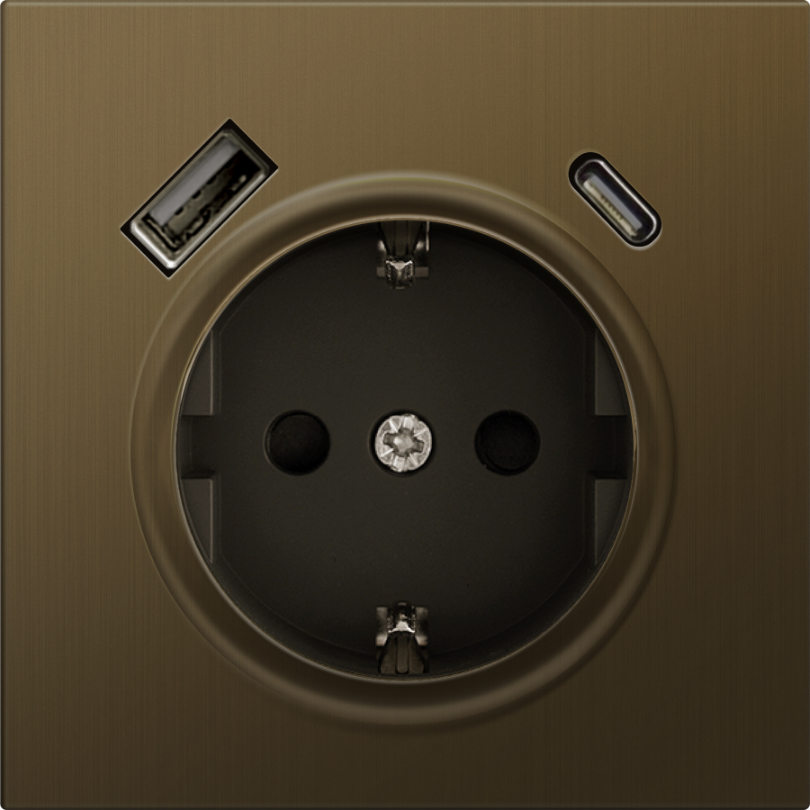 Накладка для розетки Schuko с зарядным устройством USB A+C, с защитными шторками, латунь, серия R98 METAL