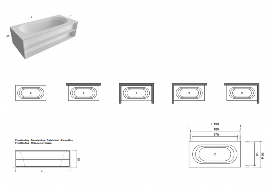 Ванна прямоугольная Antonio Lupi OASI OASI84MC 180х85 см из материала Cristalplant с полками отдельностоящая, пристенная, в нишу или в угол ФОТО