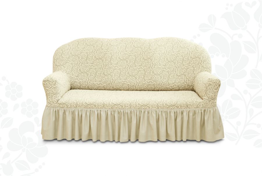 Чехол на 3-х местный диван с оборкой Жаккард  ,Ваниль