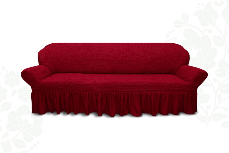 Чехол на 3-х местный диван с оборкой  ,Бордовый