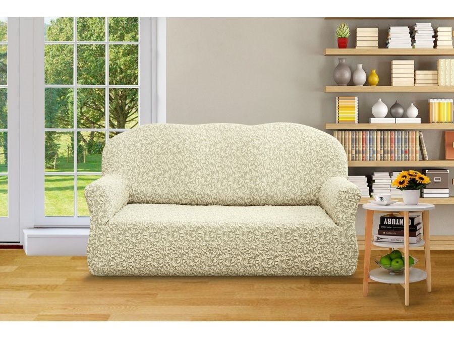 Чехол на 3-х местный диван  без оборки Жаккард Вензель ,Ваниль