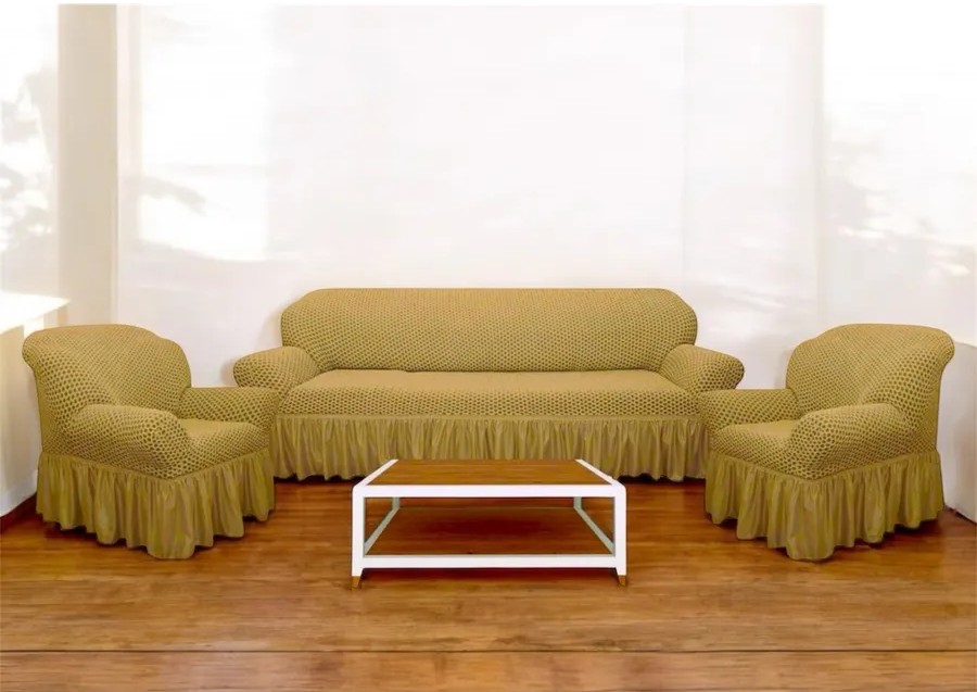 Комплект чехлов на 3-х местный диван и 2 кресла с оборкой Жаккард ,бежевый