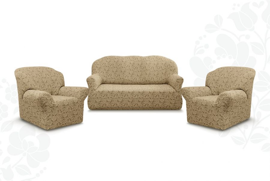 Комплект чехлов на  диван и 2 кресла без оборки Жаккард  ,Капучино