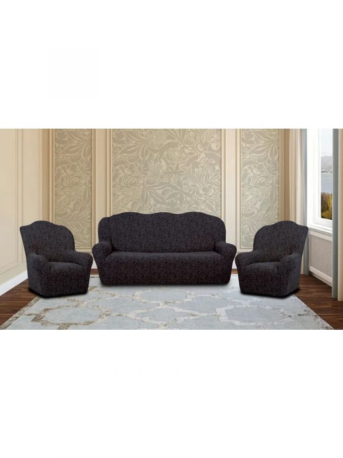 Комплект чехлов на  диван и 2 кресла без оборки Жаккард  ,серый