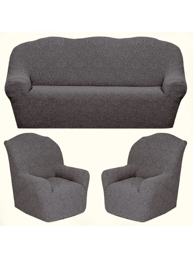 Комплект чехлов на  диван и 2 кресла без оборки Жаккард  ,серый