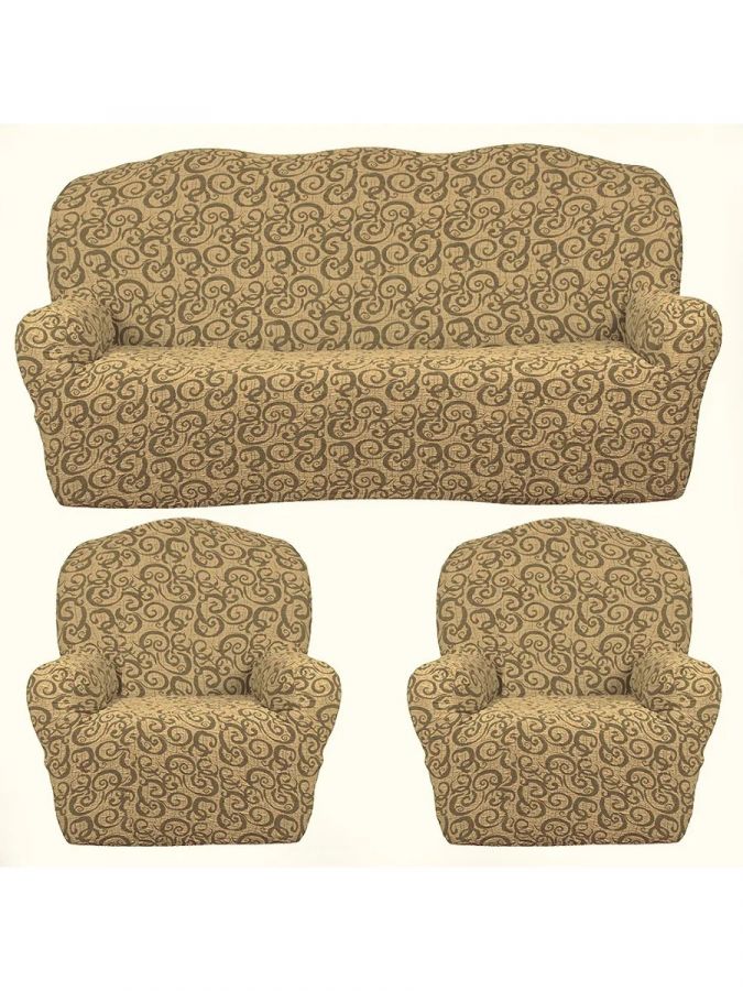 Комплект чехлов на  диван и 2 кресла без оборки Жаккард  ,бежевый