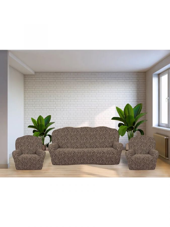 Комплект чехлов на  диван и 2 кресла без оборки Жаккард  ,серо-бежевый