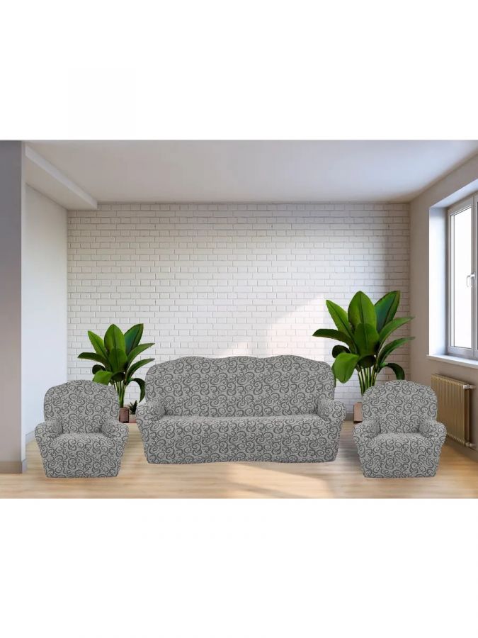 Комплект чехлов на  диван и 2 кресла без оборки Жаккард  ,серый